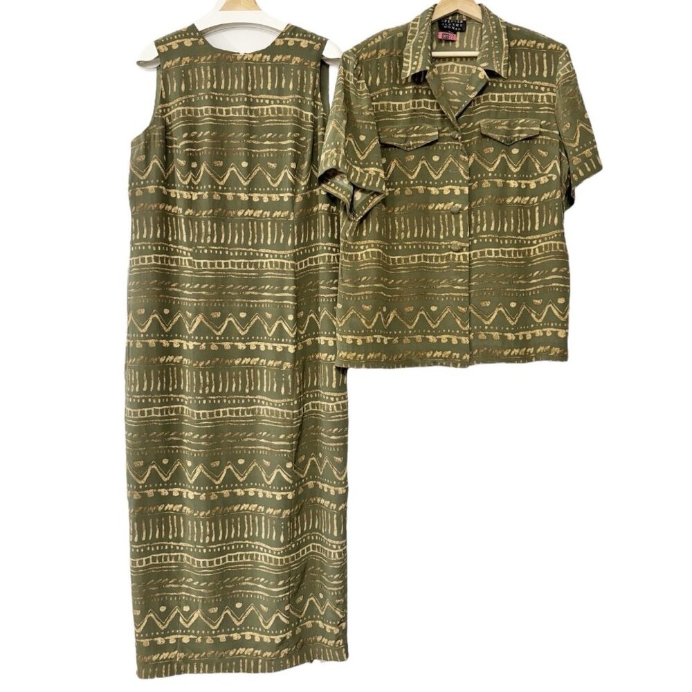 VTG Spencer Jeremy Olive Green Silk Maxi Dress Set Button Up Top Boho Western 14